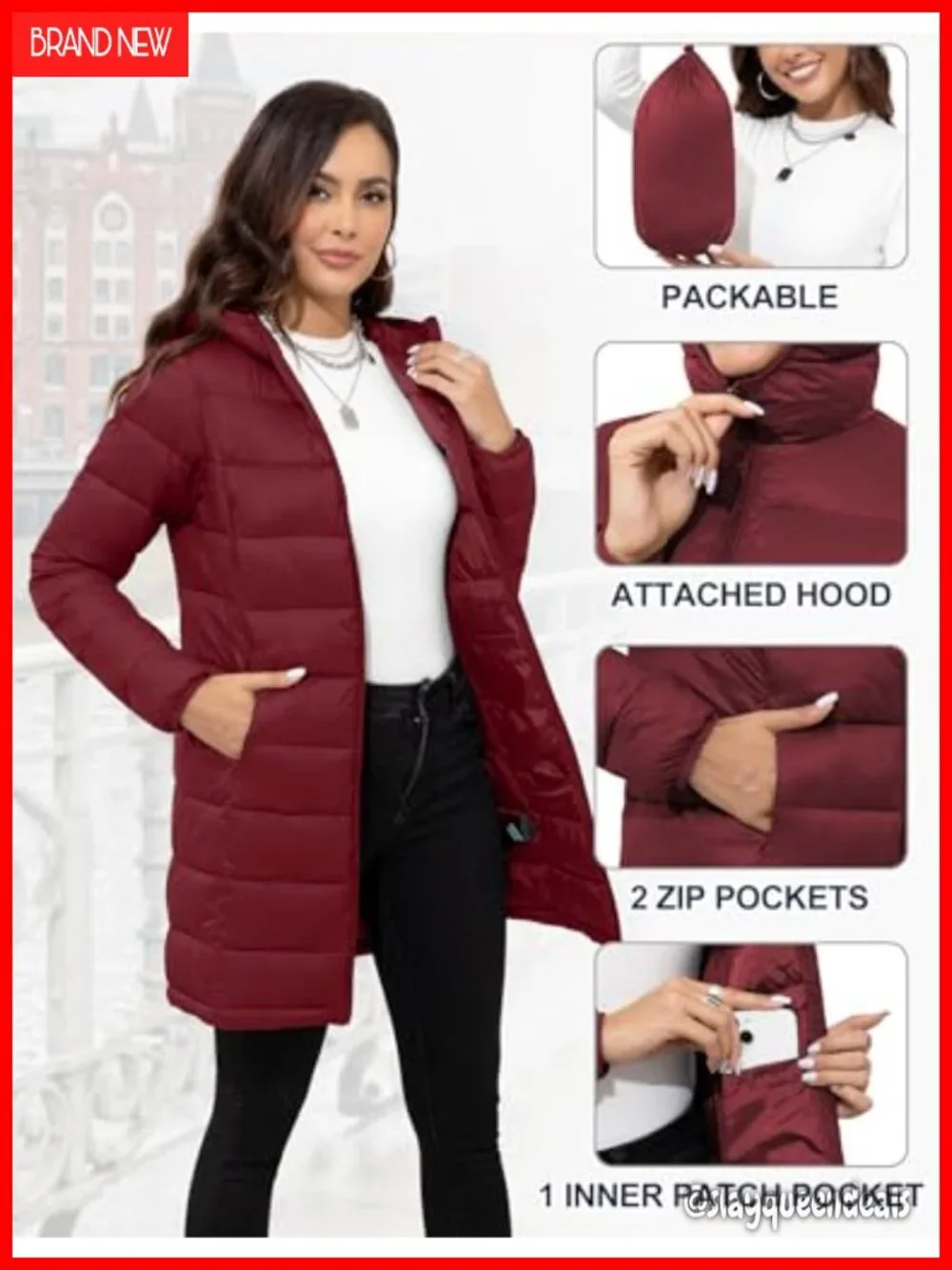 Lightweight Packable Hooded Puffer Jacket Water-Repellent Long Sleeve Zipper